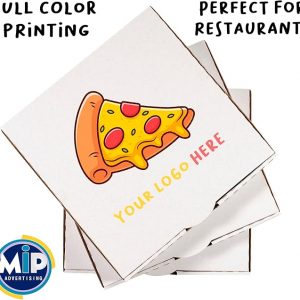 Pack of 50 white pizza boxes printed with logo, custom pizza packaging for restaurants and events, full color printing