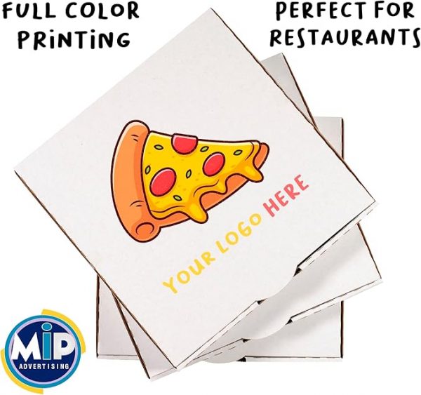 Pack of 50 white pizza boxes printed with logo, custom pizza packaging for restaurants and events, full color printing